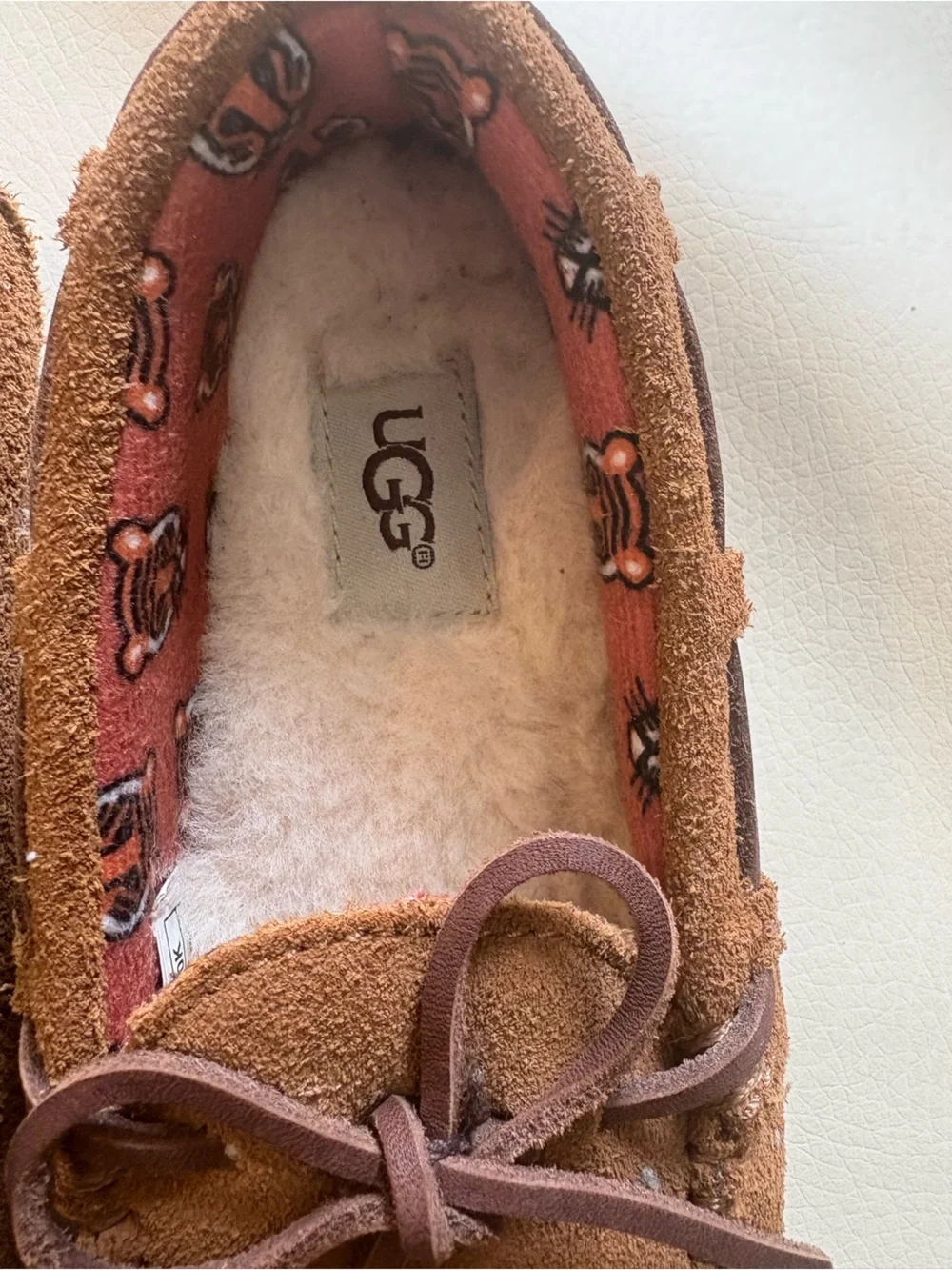 UGG Kids Chestnut Suede Moccasin Slippers with Bow